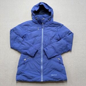Marmot Puffer Jacket Women's XS Blue 600 Duck Down Hooded Insulated Winter Coat